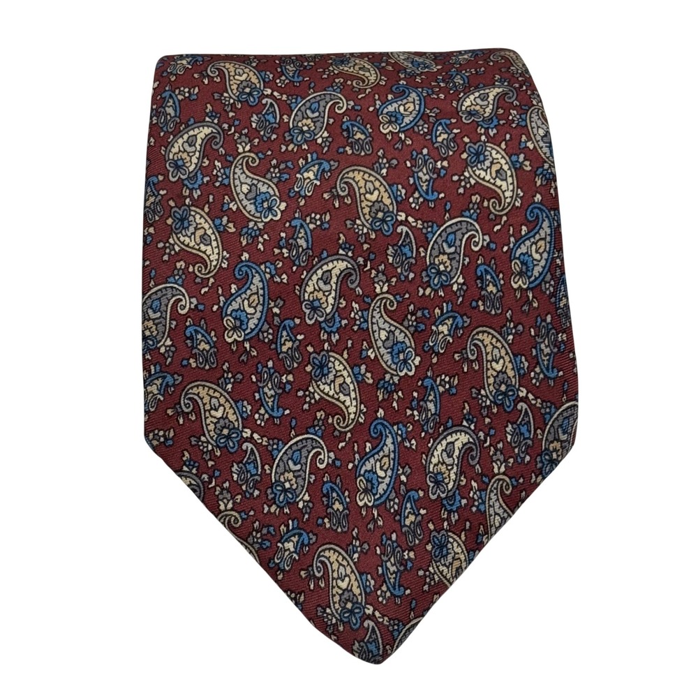 Vintage Lanvin Paris Necktie Mens Burgundy Blue Paisley Silk Designer Tie